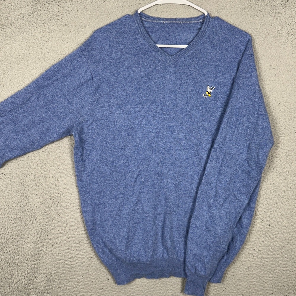 Peter Millar Sweater Mens Medium Blue Winged Foot V-Neck Knit 100% Cashmere EUC